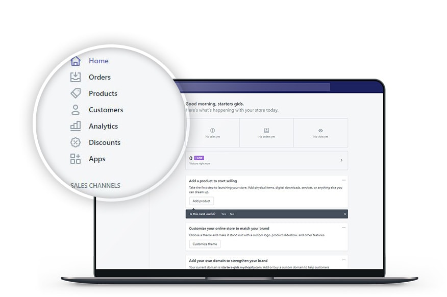 Het hoofdmenu van het Shopify back-end