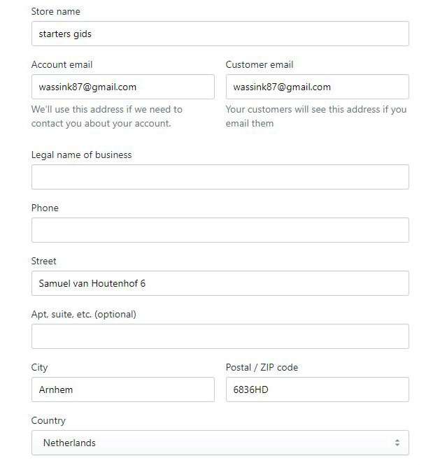 Settings menu Shopify