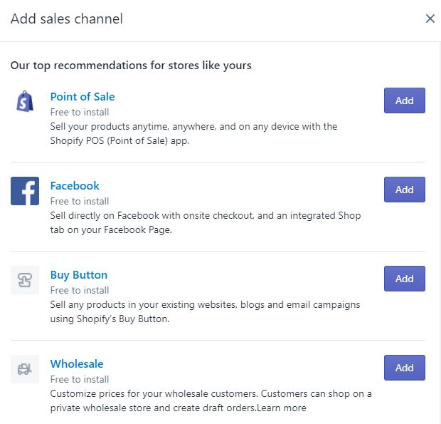 Settings menu sales channels